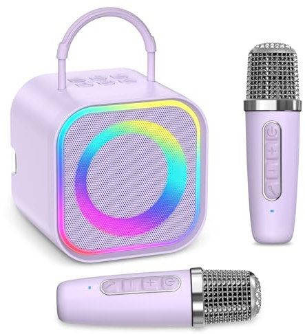 LOFICOPER Máquina de karaoke, altavoz Bluetooth portátil con 2 micrófonos inalámbricos, altavoz ajustable y volumen de micrófono, 5 efectos de voz, luces LED, juguetes para niñas y niños, fiesta