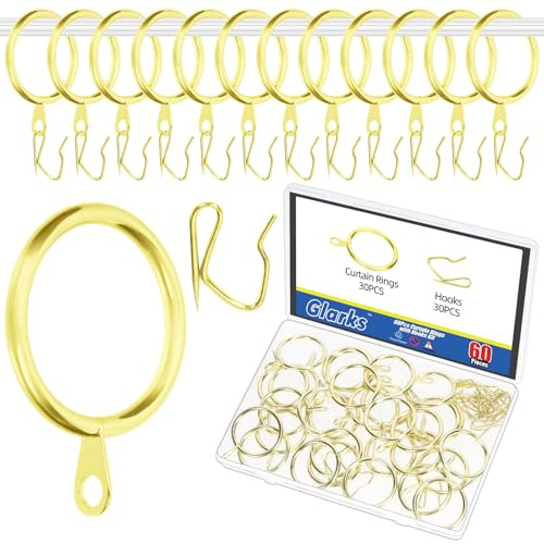 Glarks 30 set di anelli per tende in metallo dorato da 43 mm/1,7 pollici, set di anelli per tende, include 30 anelli per tende e 30 ganci per tende, anelli scorrevoli con occhiello per finestre