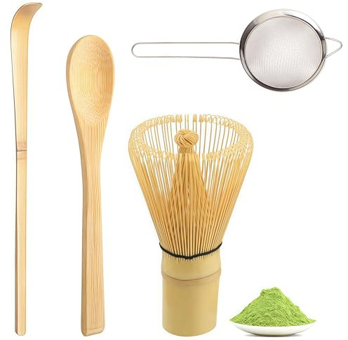 4 Piezas Juego de Batidor para Matcha, Kit de Matcha de Bambú con Batidor, Tamiz de Acero Inoxidable, Cuchara y Cucharón, Utensilios para Ceremonia de Té Matcha, Regalos para Amantes del Té