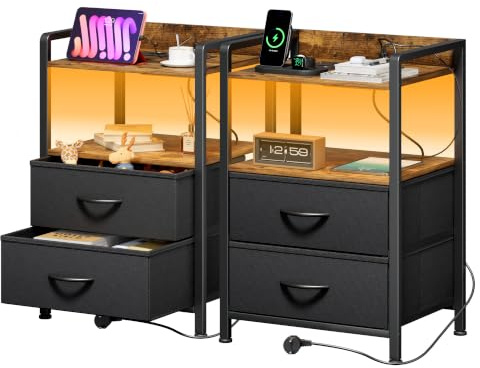 YOUDENOVA Comodino Camera da Letto, Set di 2 Comodini con Luci LED, Presa di Corrente e 2 Porte USB, ComodinI Moderno con 2 Cassetti in Tessuto e 2 Livelli, 30 x 40 x 62cm, Venatura Fiammata&Nero