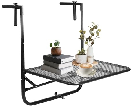 Table suspendue pour balustrade de balcon - Structure triangulaire stable - Réglable à 4 niveaux - Table de balcon pliable - Avec accoudoirs - Pour jardin, balcon, terrasse, extérieur et intérieur