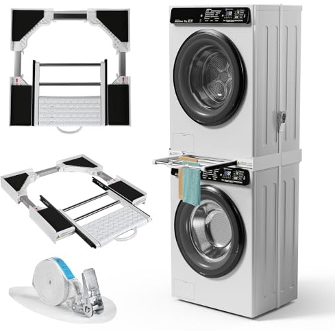 GJCrafts Telaio intermedio con stendibiancheria, telaio di collegamento universale per lavatrice e asciugatrice, kit telaio intermedio per lavatrici e asciugatrici da 43-72 cm, portata 300 kg