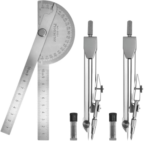 Prterver Juego de Transportador y Compás: Buscador de Ángulos de Acero Inoxidable de 10 cm (3,94 Pulgadas) con 2 Compases Metálicos, Ajustable A 180°.