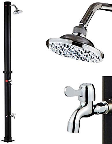 BAKAJI Douche Solaire pour Jardin, Piscine extérieure, Camping, réservoir 35 l avec Pomme de Douche réglable, Lave Pieds, mélangeur d'eau Chaude, raccord Tuyau de Jardin, Dimensions 220 x 16,5 x 16,5
