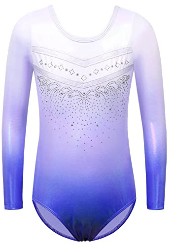 ZNYUNE Justaucorps de gymnastique à manches longues/sans manches pour filles de 3 à 12 ans B267 Blanc/bleu 10A, Blanc/bleu., 9-10 ans