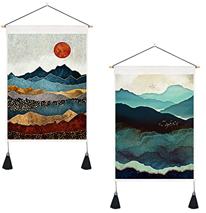 BetterJonny 2 Pack Mountain Wall Art, 35cmx50cm Japanese Misty Forest Tapestry with Tassels for Bedroom
