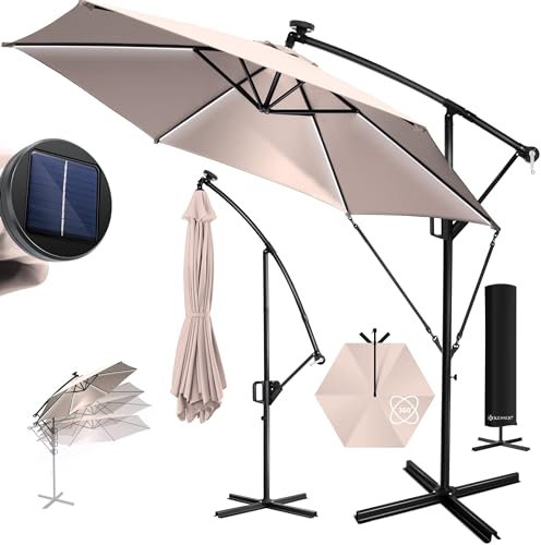 KESSER® Alu Ampelschirm LED Solar Ø300cm Inkl. Abdeckung Fernbedienung Kurbelvorrichtung Kurbelschirm mit Ständer 360° Funktion UV-Schutz Aluminium Wasserabweisend Garten-Schirm Marktschirm Taupe