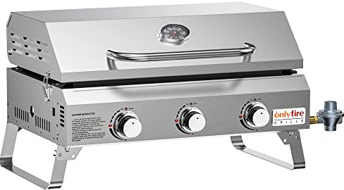 ONLYFIRE GRILLS Plancha de gas de mesa con patas plegables, parrilla de gas propano portátil de 3 quemadores, parte superior plana para cocinar al aire libre, patio, barbacoa, camping, portón trasero