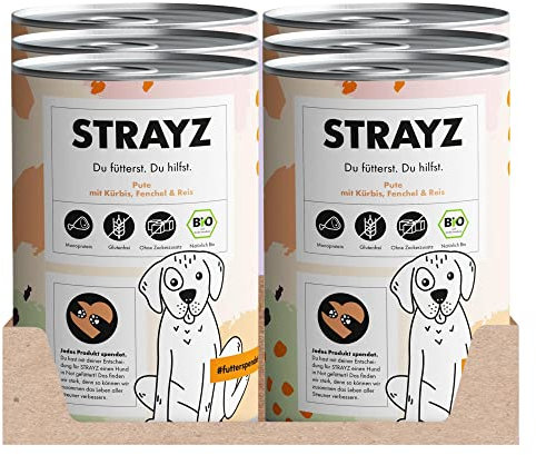 STRAYZ - Bio Hundefutter nass - Pute mit Kürbis, Fenchel & Reis | Nassfutter für Hunde - Glutenfrei, ohne Zucker & ohne Bindemittel (6x400g)