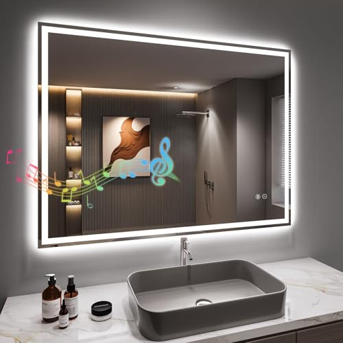 Dripex Badspiegel mit Beleuchtung Led Spiegel mit Bluetooth-Lautsprecher und Steckdose, Dimmbar, 3 Lichtfarbe Einstellbare Badezimmerspiegel mit Beleuchtung, Beschlagfrei 60 x 80 cm