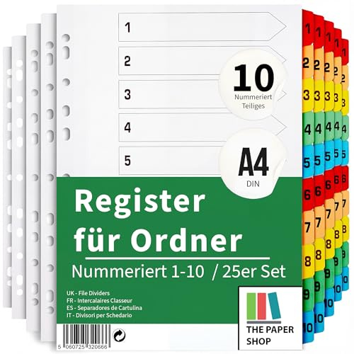 The Paper Shop Numbered Dividers A4 1-10 - 10 Part Coloured Number Tabs (25 Pack) | Bulk File & Folder Dividers for Ring Binders & Lever Arch Files | Subject Dividers for Schools - 250 Sections