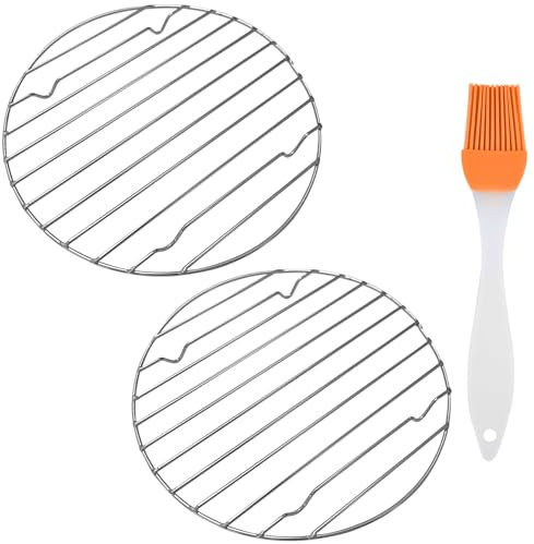 MEMOFYND 2 scaffali refrigeranti per barbecue in acciaio inox con 1 spazzola, scaffale rotondo antiaderente per friggitrice, griglia frigo pieghevole, per torte