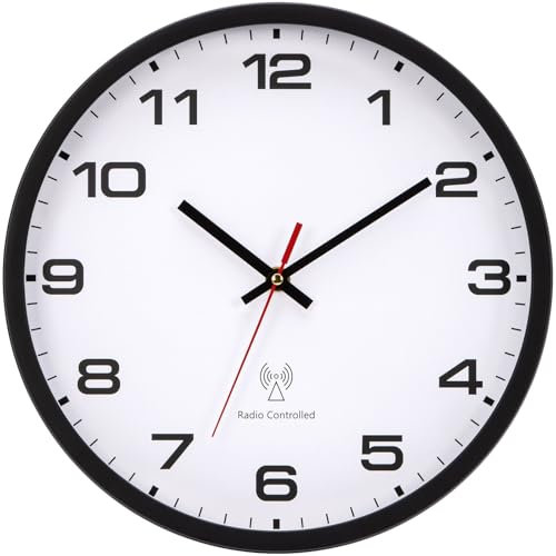 NESIFEE Wall Clock Radio-Controlled Wall Clock Large Wall Clock Black White 30 cm Battery Operated Large Vintage Modern Clock Wall for Kitchen Bedroom Living Room Children