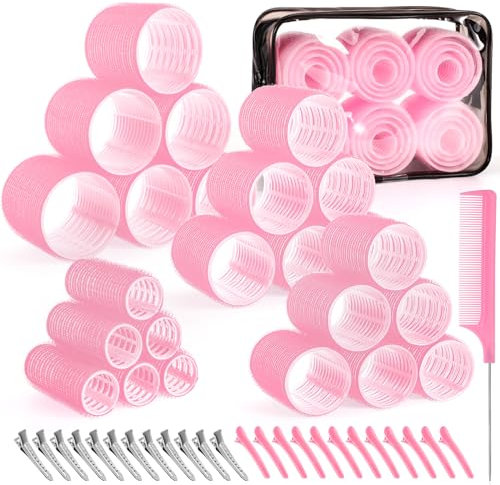 4 Sizes Self-Grip Hair Rollers Set for Long, Short Hair and Bangs - 50 Pcs with Clips (25mm, 36mm, 48mm, 60mm), Pink