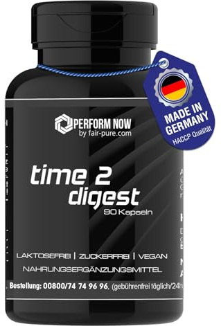 time 2 digest - mit Betain-HCL, Taurin, Verdauungsenzymen und Lactase - 90 vegane Kapseln für 3 Monate - hochdosiert - deutsche Qualitätsherstellung | PERFORM NOW by fair&pure®
