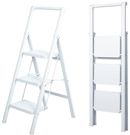 Uziro Trittleiter 3 Stufen Klappbar, Leicht und Platzsparend, Dekoratives Design mit Breiten Rutschfesten Stufen, Perfekt für Zuhause, Küche und Büro, Einfache Aufbewahrung, Hohe Stabilität Ästhetik