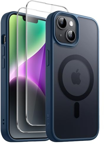 JETech 3 in 1 Magnetic Matte Case for iPhone 14, Storm Blue | Compatible with MagSafe, 2 Tempered Glass Screen Protectors, Translucent Matte Back, Shockproof Phone Cover