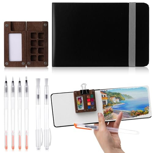Chiisong 12-teiliges tragbares Mini-Aquarellfarben-Set, Reise-Farbpalette, Holzgitter, Farbkasten, Taschen-Aquarell-Skizzenbuch, Papierblock, Pinselstifte mit 4 Binder-Clips für Maler, Künstler,