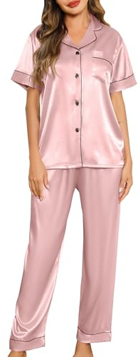 Lovasy Pijama Saten Mujer Manga Corta Botones Conjunto De Pijama Mujer Largo 2 Piezas,Rosa Claro,S