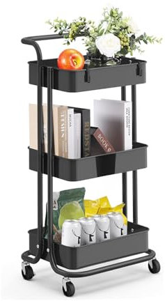 Avilia Carrellino Salvaspazio da Cucina con 4 Ruote - 3 Ripiani da 40x30x8cm, Capacità 10 kg per Ripiano, Manico Ergonomico - Mobile Multifunzionale per Cucina, Bagno e Ufficio - Nero 42x37x77cm