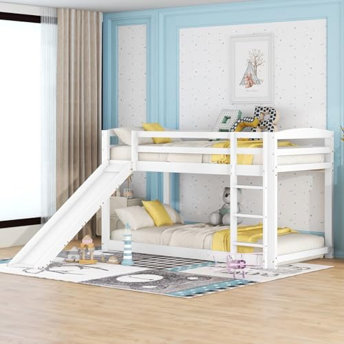 YEHTOKHOME Lits pour Enfants 90x200cm multifonctionnels avec toboggans et échelles,superposés en Bois Lits pour Adolescents avec sommiers à Lattes(sans Matelas) (Blanc)