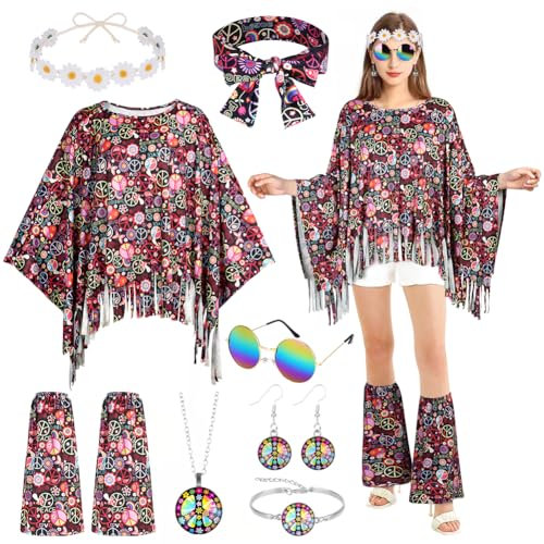 AOOWU 9pcs Hippie Kostüm Damen Set, 60 er 70er Jahre Hippie Kleidung, Kostüm Hippie, Karneval Kostüm Damen Hippie, Disco Outfit Hippie Accessoires für Karneval Disco Party Cosplay Mottoparty Halloween