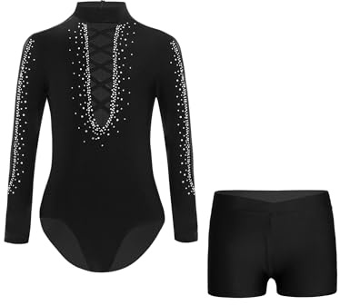 YOOJIA Kinder Turnanzug Jungen Langarm Glitzer Gymnastik Leotard Gymnastikanzug Wettbewerb Sportanzug Dancewear Schwarz 134-140