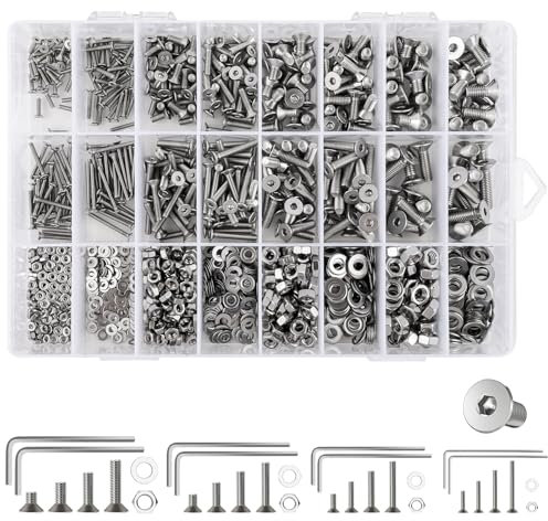Lot de 1280 vis à tête fraisée M2 M3 M4 M5 en acier inoxydable A2 avec écrous, rondelles et clés à six pans creux - Kit de montage