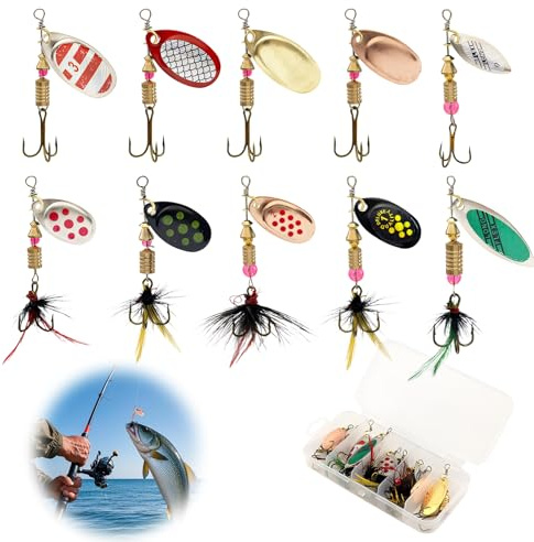 Lotnery 10Pcs Spinner Bait Set, Fishing Lures Set with 360° Rotating Blades, Long Cast Streamline Lures & Triple Hooks for Trout Bass Pike Salmon in Freshwater Saltwater Fishing