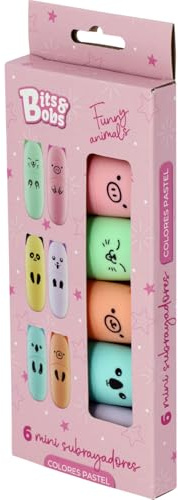 Grafoplas - Mini Subrayadores Pastel Bits&Bobs Funny Animals, Punta Biselada 1-5mm, 6 Colores Pastel -Lavanda, Azul, Rosa, Verde, Naranja, Amarillo- Perfecto Material Escolar y Papeleria para Regalar