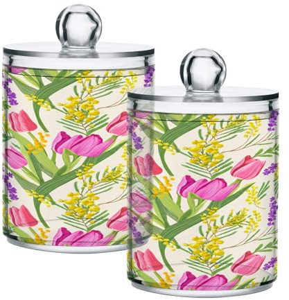 Ttgoth Dispensador de tulipanes florales Qtip de acrílico, 2 tarros de boticario, organizador de maquillaje para almohadilla de algodón, yema, hisopo, bola