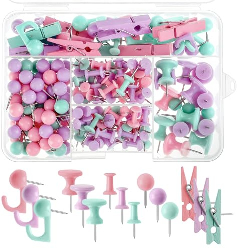 200 Pieces Push Pins Set, 5 Types Colorful Thumb Tacks Cute Decorative Push Pins for Wall Cork Board Bulletin Boards with Storage Box