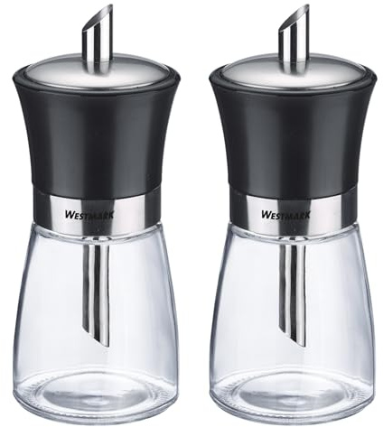 Westmark 2 Dispenser per zucchero Blacky – Ideale per la ristorazione o per la casa, 190 ml, Vetro/Acciaio inossidabile/Plastica – Trasparente/Nero/Argento, 635922E3