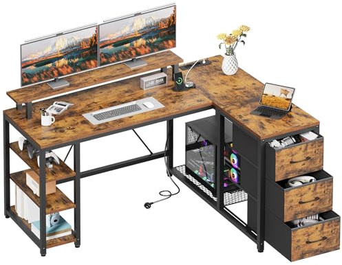 RALGEND Bureau d'angle en Forme L avec 3 Tiroirs en Tissu | 120 cm Bureau Gaming, Prises de Courant et Ports de Charge USB, 1 Support pour PC, 3 Étagères, pour Bureau à Domicile, Blanc
