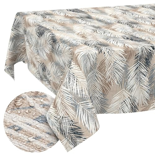 ANRO Nappe enduite Feuilles Gris-Beige 160x140 cm rectangulaire | linge de table en tissu enduit – anti-taches et imperméable, facile d’entretien – lavable à 30 °C