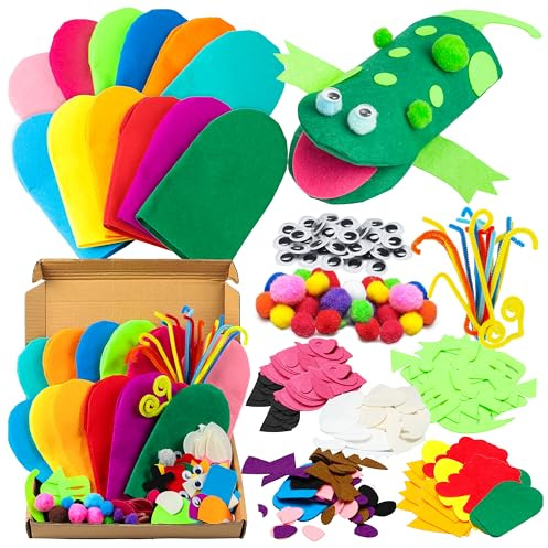 WATINC 12Pcs Hand Puppet Making Kit, Art Craft Felt Sock Puppet Toys, Creative DIY Make Your Own Pompoms Wiggle Googly Eyes Storytelling Role Play Party Supplies Girls Boys Gift (Animals)