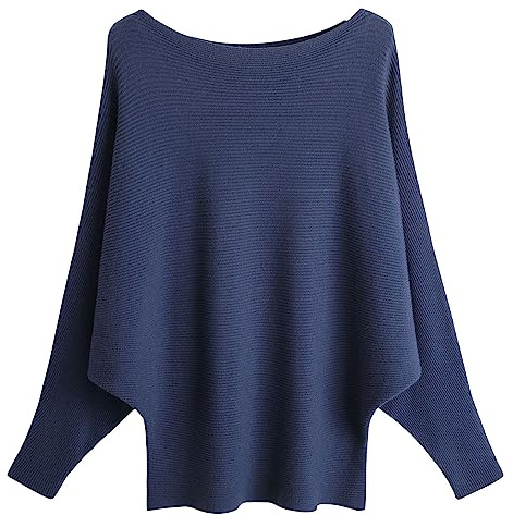 FULIER Boat Neck Batwing Sleeves Dolman Knitted Sweaters and Pullovers Tops for Women One Size (Navy Blue)