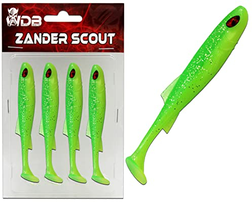 Wild Devil Baits Zander Scout Gummifisch Shad Zanderköder (Green Flash, 10cm)