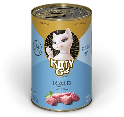KITTY Cat Paté Becerro 6 x 400 g Comida húmeda para Gatos sin Cereales con taurina, Aceite de salmón y mejillón de Labios Verdes, pienso Completo con Alto Porcentaje de Carne, Fabricado en Alemania