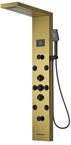 BATHLAVISH Shower Panel Tower System Stainless Steel LED Rainfall Waterfall Shower Head 5-Function Faucet Rain Massage System Wall Mount with 8 Body Jets, Handheld, and Tub Spout, Gold