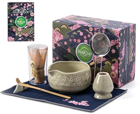 Buucup Matcha Whisk Set, Ceramic Matcha Kit Set Includes Matcha Bowl, Matcha Whisk and Holder, Bamboo Scoop, Scoop Rest, Sifter and Tea Towel - 7 Pcs Matcha Kit for Matcha Lovers (Mottled Green)