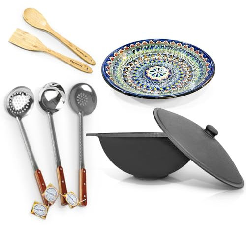 ZARENHOFF Hierro fundido Kazan 12 L Ø 42,5 cm de fondo plano con Lagan Ø 34 cm Uzbeko Plov Olla WOK Kazan Ljagan Namangan Asia Казан ляган (Set 611)