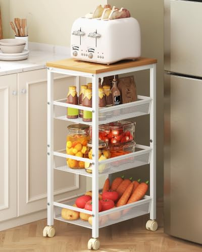 Hoctieon Rolling Storage Cart, 4-Tier Wide Panel Rolling Kitchen Storage Cart, Utility Cart with Handle & Wheels, Mobile Shelving Unit, Metal Frame Narrow Cart for Home Kitchen, Laundry, Oak Beige