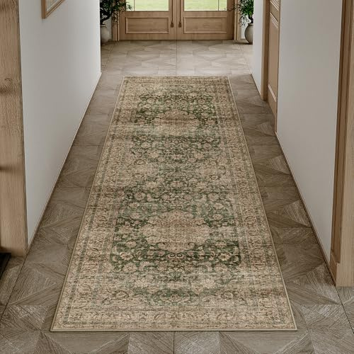 HUGEAR Verde Vintage Alfombra Pasillo Alfombras 60x240cm Antideslizante Lavables en Lavadora Larga Carpet Cocina Salon Habitacion Pie de Cama Comedor Pelo Corto Tapetes