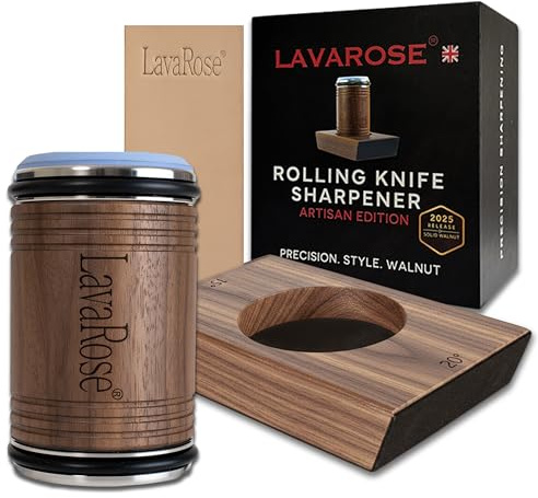 LavaRose Rolling Knife Sharpener Walnut – Premium Solid Walnut Base & Roller, 15°/20° Magnetic Angles, Diamond & 3000 Grit Discs, Real Leather Strop Included