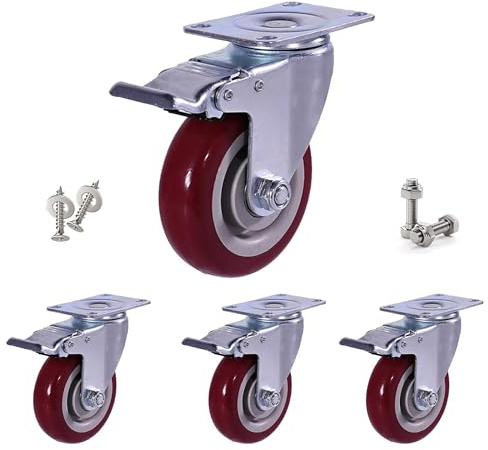 4 ruedas rojas para cargas pesadas con freno, 100 mm, hasta 600 kg, giratorias 360 grados, ruedas de transporte, ruedas silenciosas para muebles, con 2 tipos de tornillos
