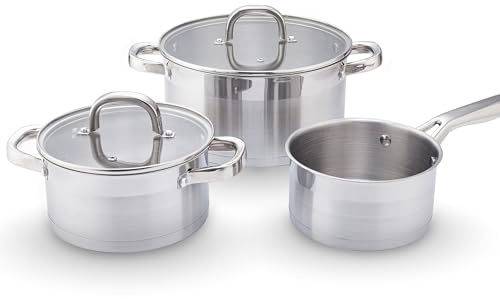 CASTEY - Batería de Cocina Essentials – 3 Piezas: Olla 24 cm (5,4 L) + Olla 18 cm (3 L) + Cazo 16 cm (1,8 L), Acero Inoxidable, Alta Durabilidad, Compatible con Inducción, Gas y Vitrocerámica