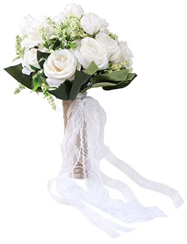 ERYUE Bouquet da Sposa Finto Portatile con Fiori Realistici + Accessori per Foto, Cena di Prova per Addio Al Nubilato, Festa Vintage (Bianco)