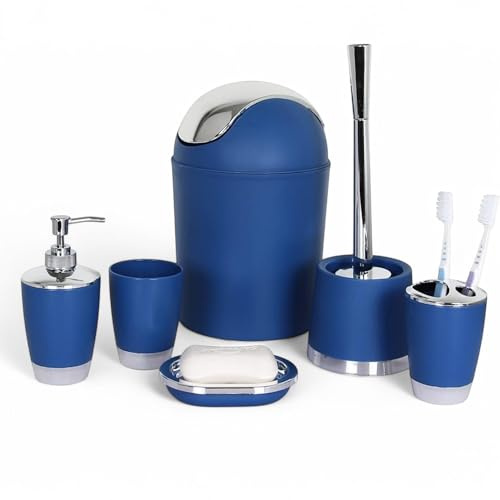 GMMH – Set di 6 accessori da bagno, con dispenser per sapone, porta saponetta e scopino per WC (blu scuro)