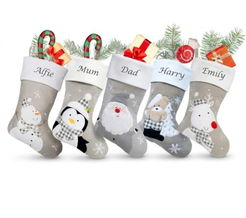 Hoolaroo Personalised Christmas Stockings Custom Silver Grey Embroidered Xmas Stocking With Name - Kids Family Decorations Dog